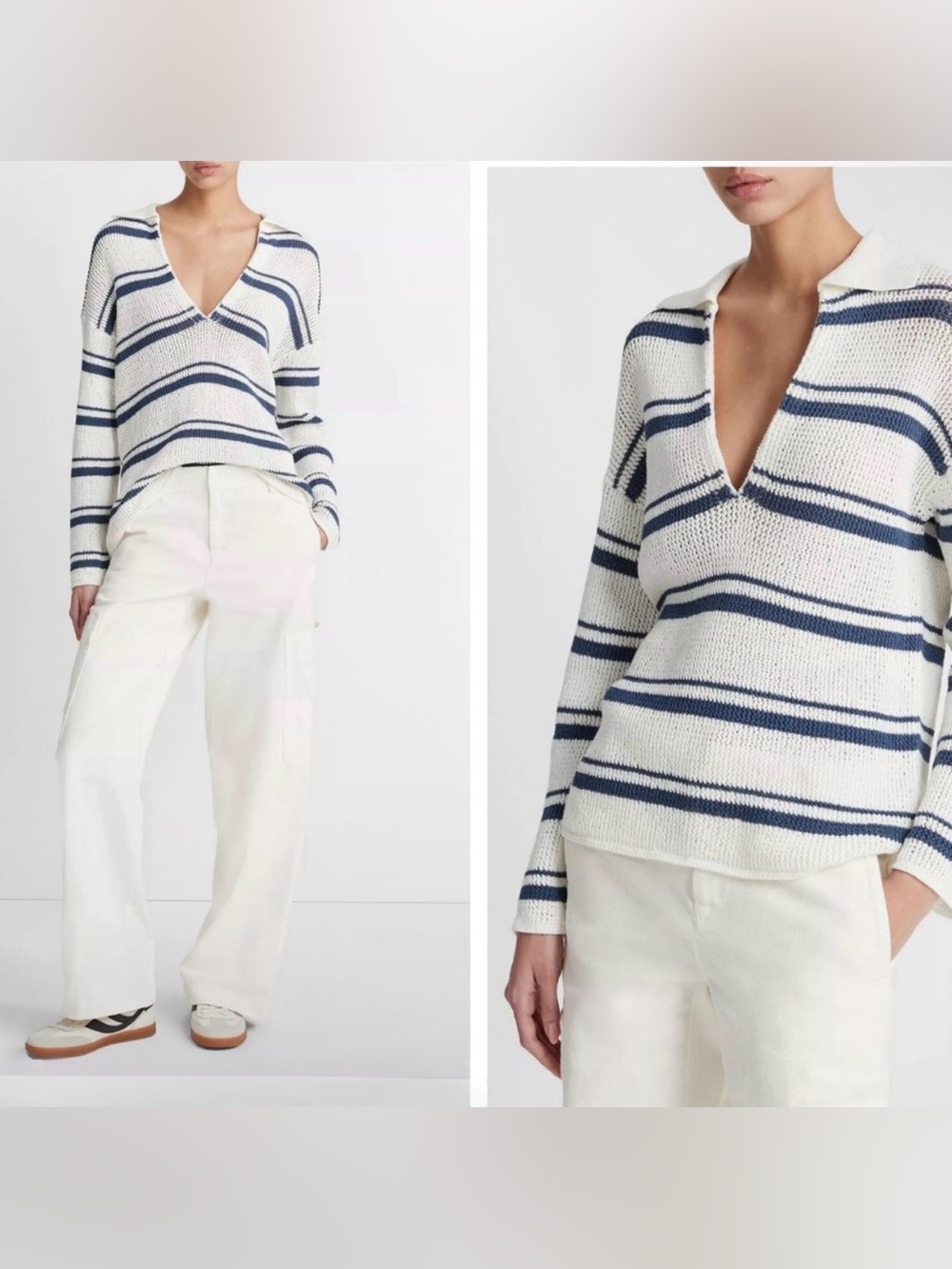 Vince Racked Ribbed Stripe Pullover Navy Blue White Stripe Size Small Cotton